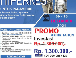 PELATIHAN HIPERKES & KESELAMATAN KERJA (PERAWAT, BIDAN, ANALISIS KESEHATAN, RADIOGRAFER, APOTEKER, FISIOTERAPI & PARAMEDIS PERUSAHAAN (06-10 Desember 2024)